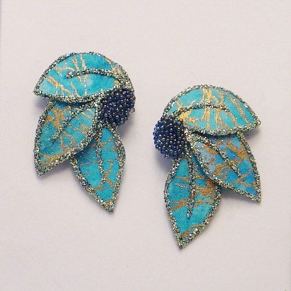 Beaded Fabric Leaf Earrings Turquoise
