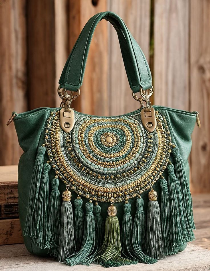 Green Beaded Tassel Boho Bag