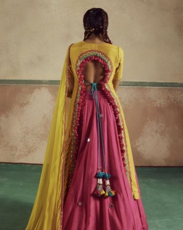 Pink & Yellow Lehenga with Open Back Cape