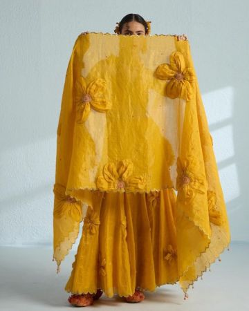 Hand Embroidered Yellow Sunflower Lehenga with Matching Dupatta